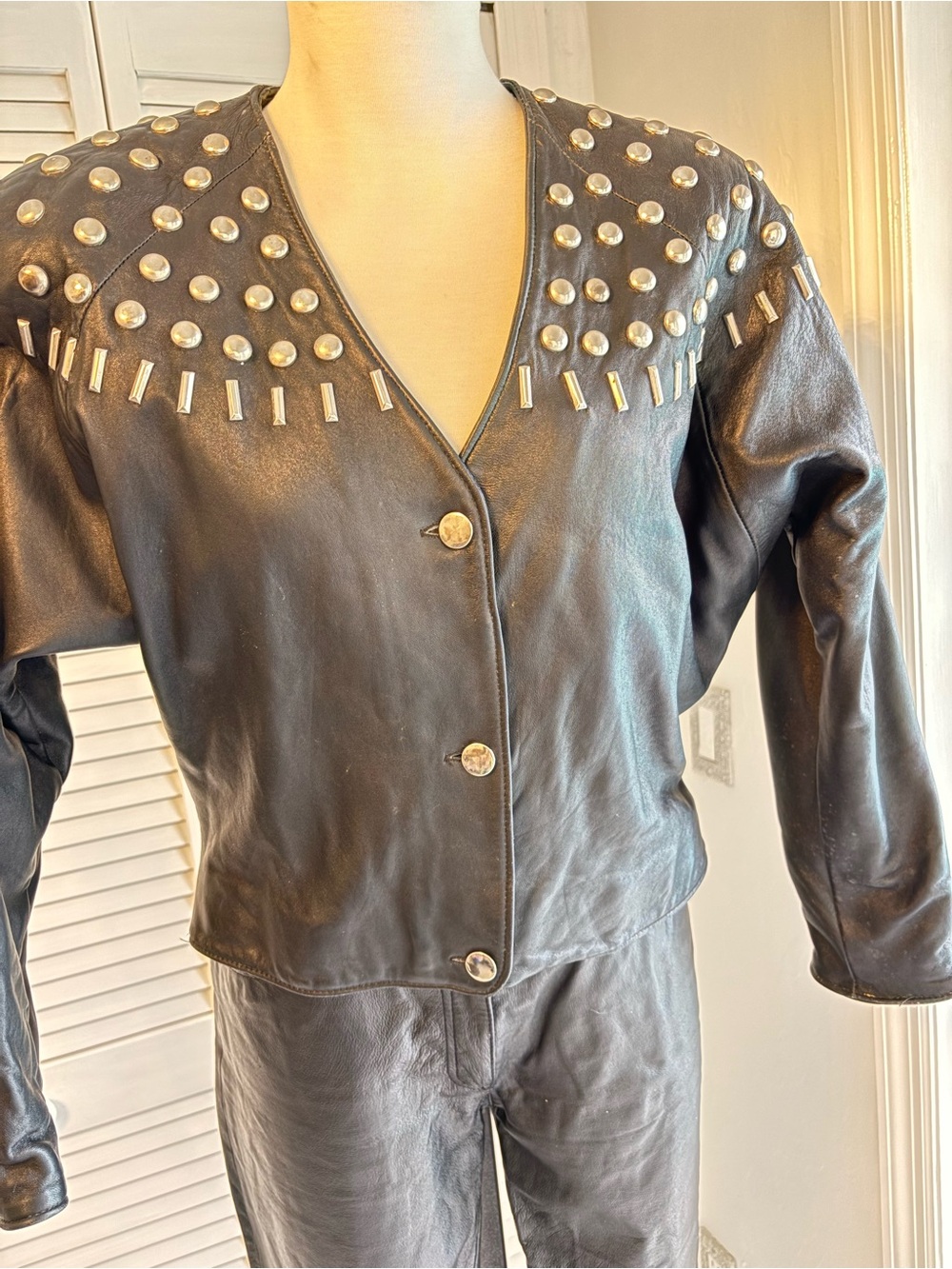 Black Studded Leather Jacket - Women's V-Neck Button Front
